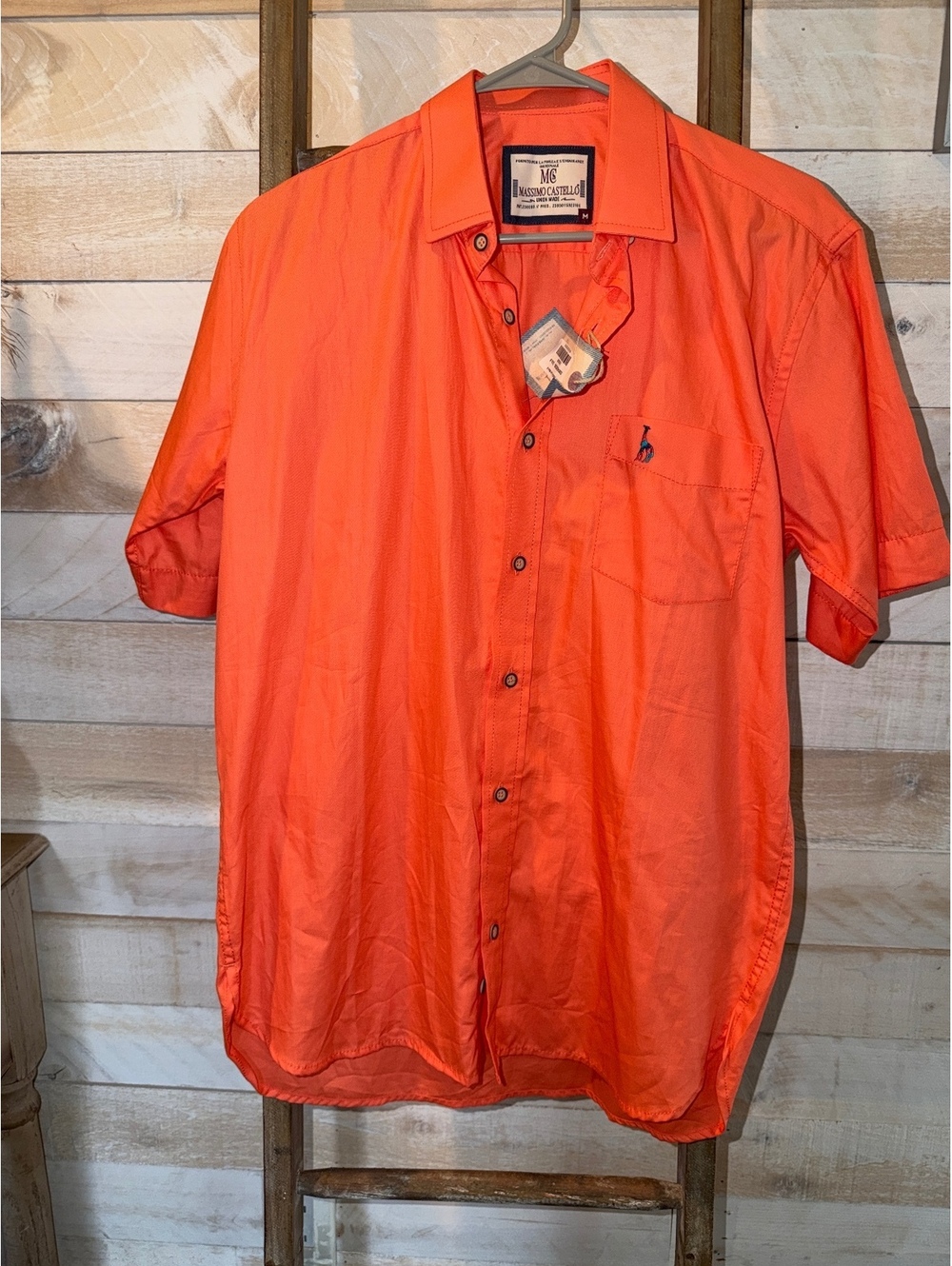 Massimo Castello Men's Orange Short Sleeve Button-Up Shirt Medium
